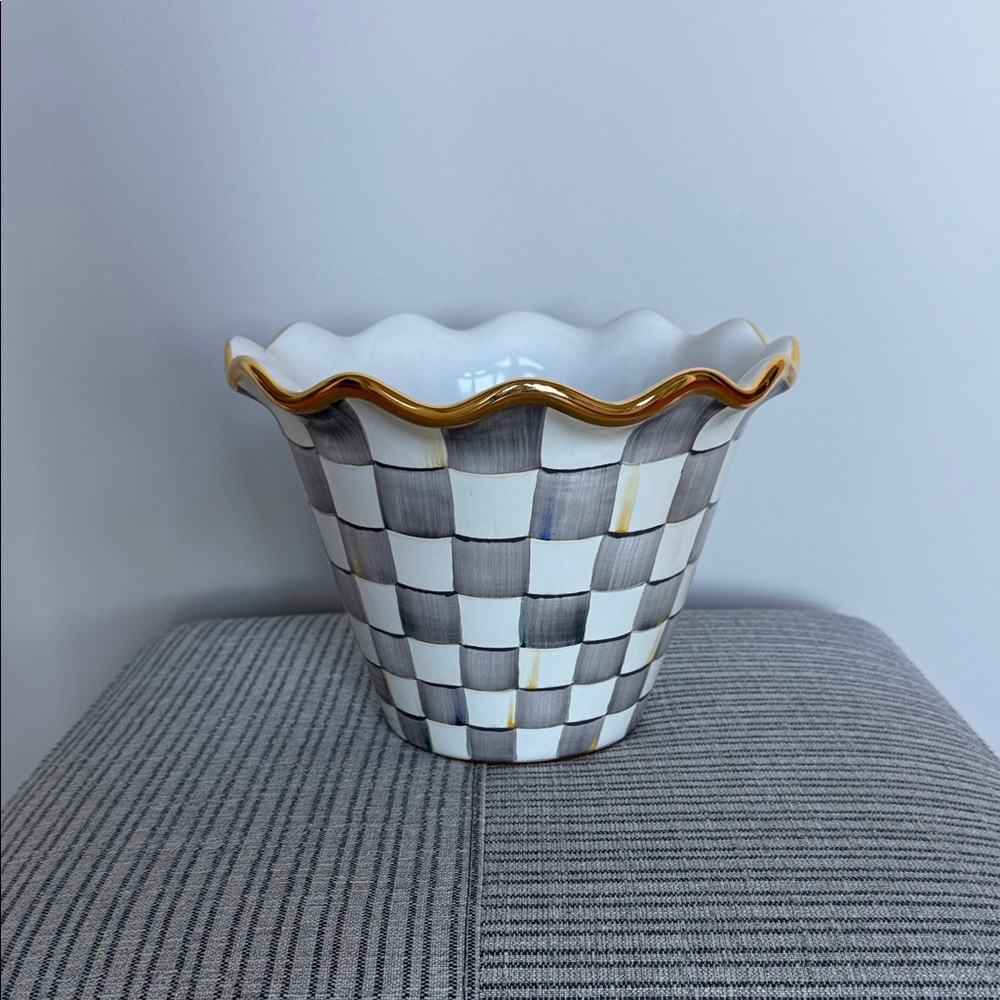 MacKenzie-Childs Ceramic Sterling Check Fluted Edged Planter-NWT